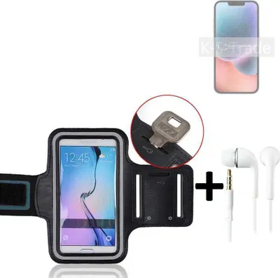 Produktbild von TOP SET kompatibel mit Apple iPhone 14 Neopren Jogging Armband Sportarmband Oberarmband kompatibel mit Apple iPhone 14 schwarz mit Reflektor Streifen