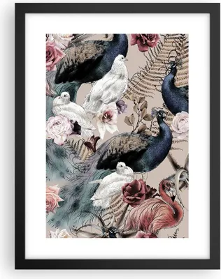 Produktbild von Gerahmtes Poster - Schwarzer Rahmen - Pfauen Squab Flamingos - 30x40 cm - Wand Bild - Wanddeko - Wandbilder - Kunstposter - Wandposter - Bilderrahmen - Bilder - Kunstdruck - P2BPA30x40-4890