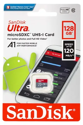 Produktbild von SanDisk Ultra, 128 GB, MicroSDXC, Klasse 10, UHS-I, 120 MB/s, Class 1 (U1)