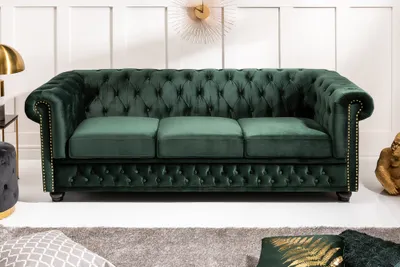 Produktbild von Chesterfield 3er Sofa 205cm flaschengrün Samt mit Knopfheftung und Federkern