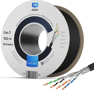 A spool of black Cat.7 network cable with a cutaway showing the internal wires.