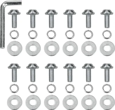 A set of screws, washers, and an Allen wrench on a white background.