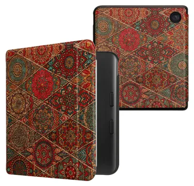 Produktbild von kwmobile Schutzhülle für Kobo Kobo Libra Colour / Tolino Vision Color Hülle - eReader Flip Case mit Auto Sleep Funktion - Mandalakacheln mit Pink Rot