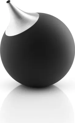 A black liquid soap dispenser with a silver nozzle sits on a reflective white surface.