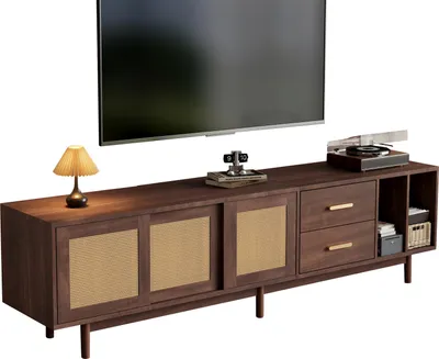 Produktbild von TV-Schrank mit Schiebetür aus Rattan, Schublade, Stauraumfächer, 190 cm, Braun