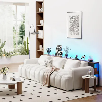 Produktbild von BROTTAR 79" Sofa-Tisch Braun mit LED-Beleuchtung, Steckdosen und USB-Anschlüssen, schmale Konsolentisch mit Regal für Wohnzimmer und Flur, Braun