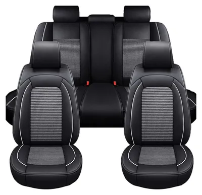Imagen del producto de Juego completo de fundas de asiento universales de lujo, fabricadas en cuero y textil, de color con borde blanco, para asientos delanteros y traseros