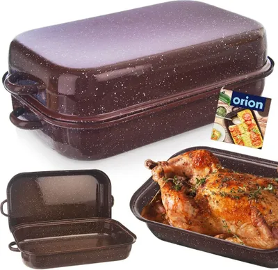 A collage of images showing a brown speckled roasting pan with a lid, an open roasting pan, and a roasted chicken in a roasting pan.