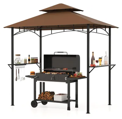 Produktbild von COSTWAY Grillpavillon wetterfest, Grillüberdachung mit Doppeldach, Seitenregalen & 7 Haken, Grillunterstand Pavillon Metallrahmen, 240x151x255cm Braun