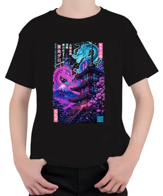 Productafbeelding van Japan, Cyberpunk, Draak, Pagode, Fuji, Kersenbloesems, Y2K, Synthwave, Kinder T-shirt, Zwart, Maat 140