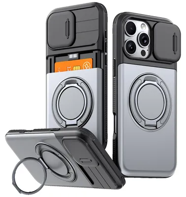Obrázek produktu pro Pouzdro pro iPhone 16 Pro Max, Přihrádkou na karty, posuvným krytem fotoaparátu, kroužkovým stojánkem Šedá