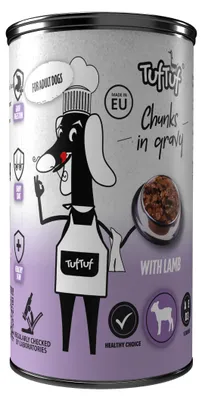 Obrázok produktu pre TufTuf | Krmivo pre psov - Mokré krmivo s jahňacím mäsom - TufTuf, plechovka 1250 g - kúsky v omáčke - kompletná výživa
