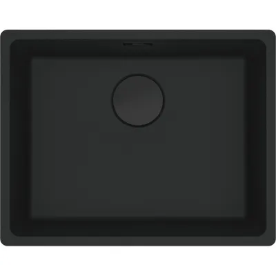 A top-down view of a black sink.