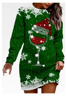 Produktbild von Weihnachtskleid Damen Lustig Rundhals Langes Pulloverkleid Minikleid Große Größen Knielang für Weihnachtskostüme