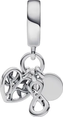 A silver charm with multiple pendants hangs from a loop.