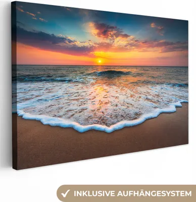 Produktbild von MuchoWow® - Leinwandbilder - Strand - Meer - Sonnenuntergang, Wandbild, Wanddeko Bilder Wohnzimmer, 120x80cm