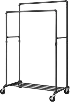Productafbeelding van Kledingrek op wielen - Mobiele garderobe - Kleding opbergen - Dubbele kledingstangen - 100 x 162 cm - Zwart