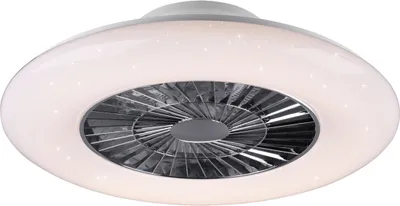 A close-up, studio shot of a modern ceiling fan with integrated LED lighting.