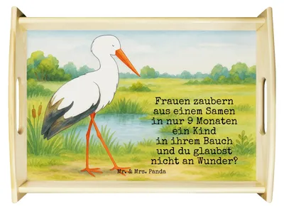 Produktbild von Mr. & Mrs. Panda Küchentablett Storch Design - Weiß - Geschenk, Schwanger, Servier Tablett, Baby, Lustige Sprüche, sofatablett, Mütter, Holztablett, Störche, Deko, Mutter
