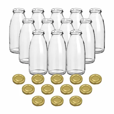 Produktbild von gouveo 12er Set Saftflasche 250 ml mit Schraub-Deckel goldfarben - Kleine Glasflasche 0,25 l mit TO43 Verschluss - Leere Flasche zum Befüllen für Küche und Haushalt
