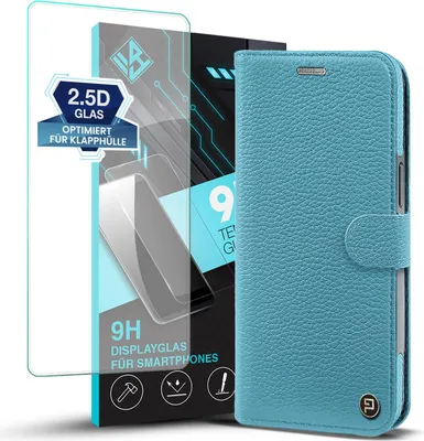 Produktbild von Echtleder Handyhülle für Samsung Galaxy S25 Edge mit 9H Displayglas RFID Schutz Cover Leder Hülle Magnetring 2-in-1 Bumper abnehmbar Farbe: Türkis