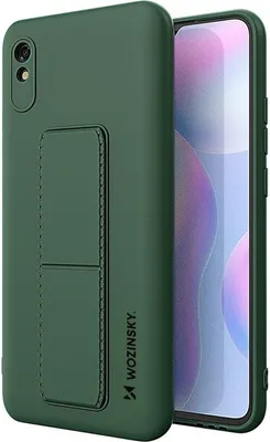 A dark green phone case with a kickstand is shown on a white background, next to a smartphone.