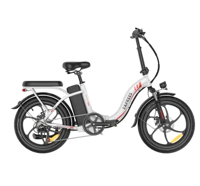 A white electric bicycle is shown against a white background.