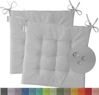 Two grey seat cushions are shown, one slightly behind the other, with ties at the top corners. A circular inset shows water droplets on a textured surface, indicating water resistance.
