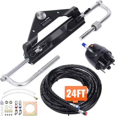 Produktbild von Hydraulik-Außenborder-Lenkset, 150 PS - Hydraulisches Lenksystem für Marineboote inkl. Steuerpumpe, Zweiwege-Sperrzylinder und 7 m hydraulischem Lenkschlauch - Für Einstationen-Einmotorboote.