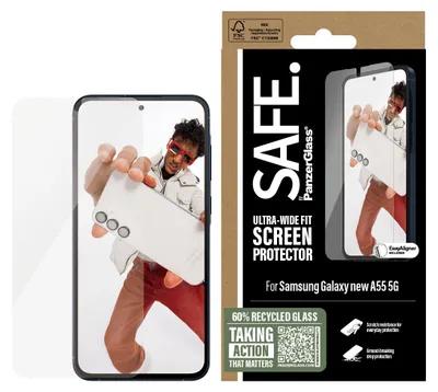Obrázok produktu pre PanzerGlass SAFE. by ® Screen Protector Samsung Galaxy A56 5G | Ultra-Wide Fit w. EasyAligner, Samsung, Samsung - Galaxy A56 5G, Suché aplikovanie, Odolné proti poškriabaniu, Odolný proti nárazom, Priehľadná, 1 kusov