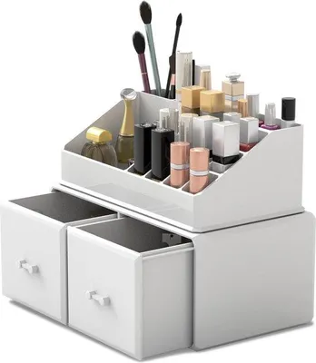 Immagine prodotto di Uniqoos® Organizer per trucchi, 2 livelli – Contenitore per cosmetici bianco, con 2 cassetti, ideale per camera da letto e bagno