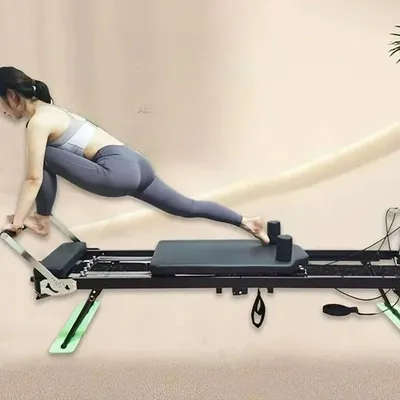Immagine prodotto di Attrezzo Pilates Reformer - MY-PL12 - Pieghevole - Resistenza regolabile - Telaio in acciaio - Carico massimo 500 kg - Con pedale - Nero