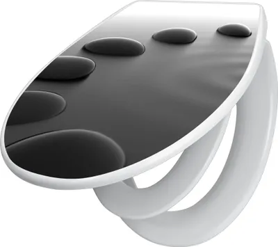 A toilet seat with a black stone pattern on the lid.