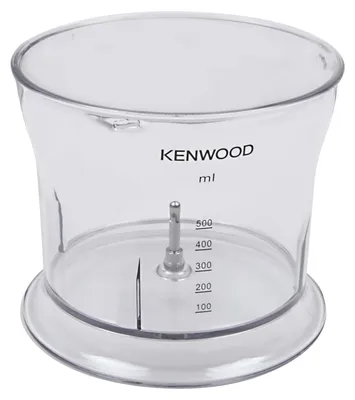 A clear plastic jug with measurement markings and a central spindle for a kitchen appliance.