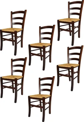 Immagine prodotto di t m c s Tommychairs - Set di 6 sedie VENEZIA per cucina e sala da pranzo, struttura robusta in legno di faggio laccato color noce scuro e sedile in paglia
