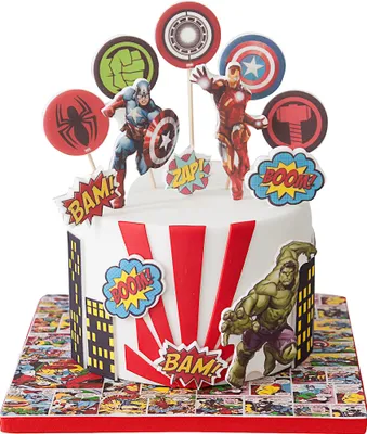 Zdjęcie produktu dla Sweetfanaberia | Dekoracja tortu Avengers Marvel - 13 sztuk - Ręcznie robiona - Jadalna dekoracja tortu