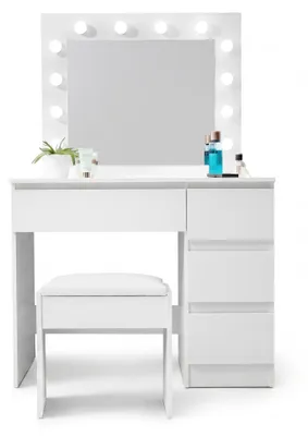 Image de Aga Coiffeuse blanc mat avec miroir et taburet inclu, 12 ampoules LED et 4 tiroirs