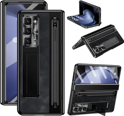 Immagine prodotto di Custodia Samsung Galaxy Z Fold 6 con lente in metallo e protezione della cerniera, supporto in pelle vintage con supporto per S Pen e protezione dello schermo nero