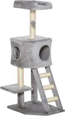 Produktbild von Katzenturm Hellgrau 50x40x120cm Katzenkratzbaum 120cm Mit Hoehle Spielball Sisalstaemme Plattform Treppe Mehrstoeckig