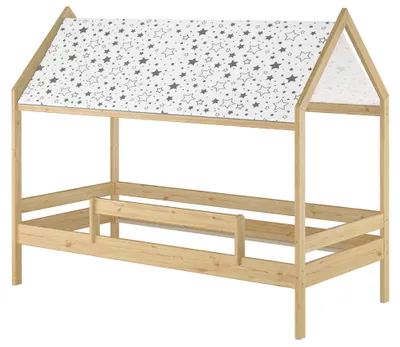 Produktbild von Holzbett mit Himmel u.Fallschutz Hausbett Kinderhaus 90x200 Bett Kiefer mass. weiteres Zubehör wählbar V-60.58-09 ohne Zubehör
