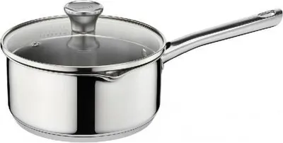 A stainless steel saucepan with a glass lid and a single handle is shown against a white background.