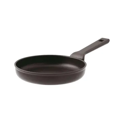 A black frying pan with a black handle is shown against a white background.