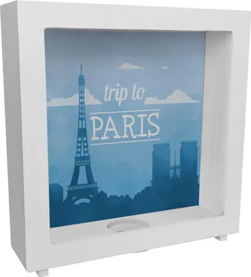 Produktbild von Rahmen Spardose aus Holz mit schönem Motiv und Text - Trip to Paris in blau