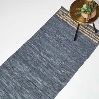Produktbild von HOMESCAPES Leder Teppichläufer grau mit Streifen, 66 x 200 cm - Teppich aus