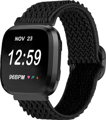 Produktbild von Nylon-Smartwatch-Armband – Passend für Fitbit Versa/Versa 2 (elastisches Armband) – Schwarz – Strap-it Uhrenarmband / Armband