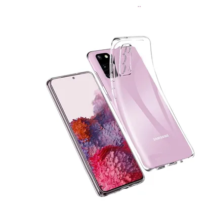 A transparent phone case is shown with a phone inside, against a white background.