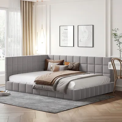 Zdjęcie produktu dla Łóżko tapicerowane Merax 140x200 cm ze stelażem z listew i aksamitnym obiciem, łóżko dzienne, rozkładana sofa, funkcjonalne łóżko dwuosobowe, szare