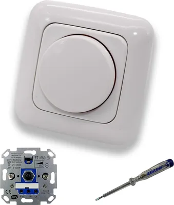 Produktbild von REV Ritter LED Drehdimmer LED Dimmer mit Busch Jäger Dimmerscheibe Zentralplatte 2115-214 Einfachrahmen in Reflex Si alpinweiß glänzend inklusive EBROM Phasenprüfer zur Montage des Dimmers ET1 66012B