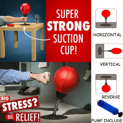 Collage of images showing a desk punch ball toy, its suction cup attachment, and its different mounting options, along with text highlighting stress relief.