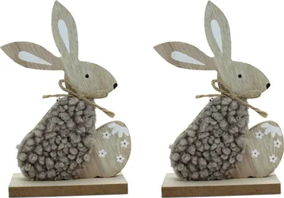 Produktbild von Holz Hase mit grauem Fell und Osterei 10 x 16cm 2 Stück